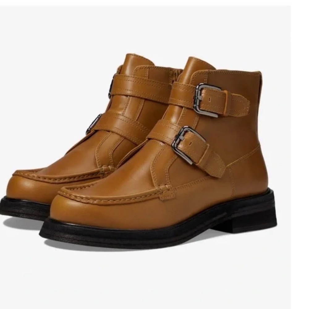 Free People Tan Leather Double Buckle Moc Toe Ankle Boots Brown 8.5 0004435728